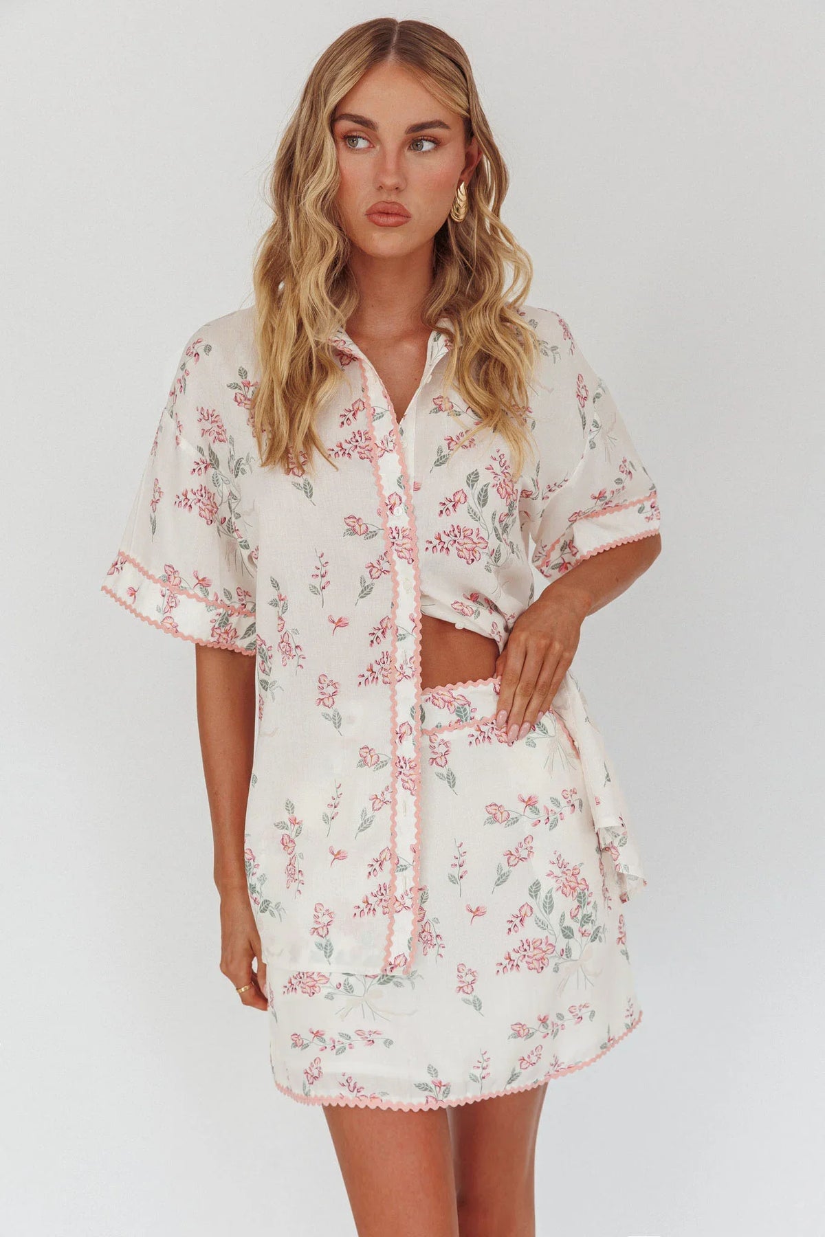 Catherina Ric-Rac Trim Button-Up Shirt Floral Pink