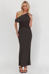 Milos Asymmetric Neckline Maxi Dress Black Dot