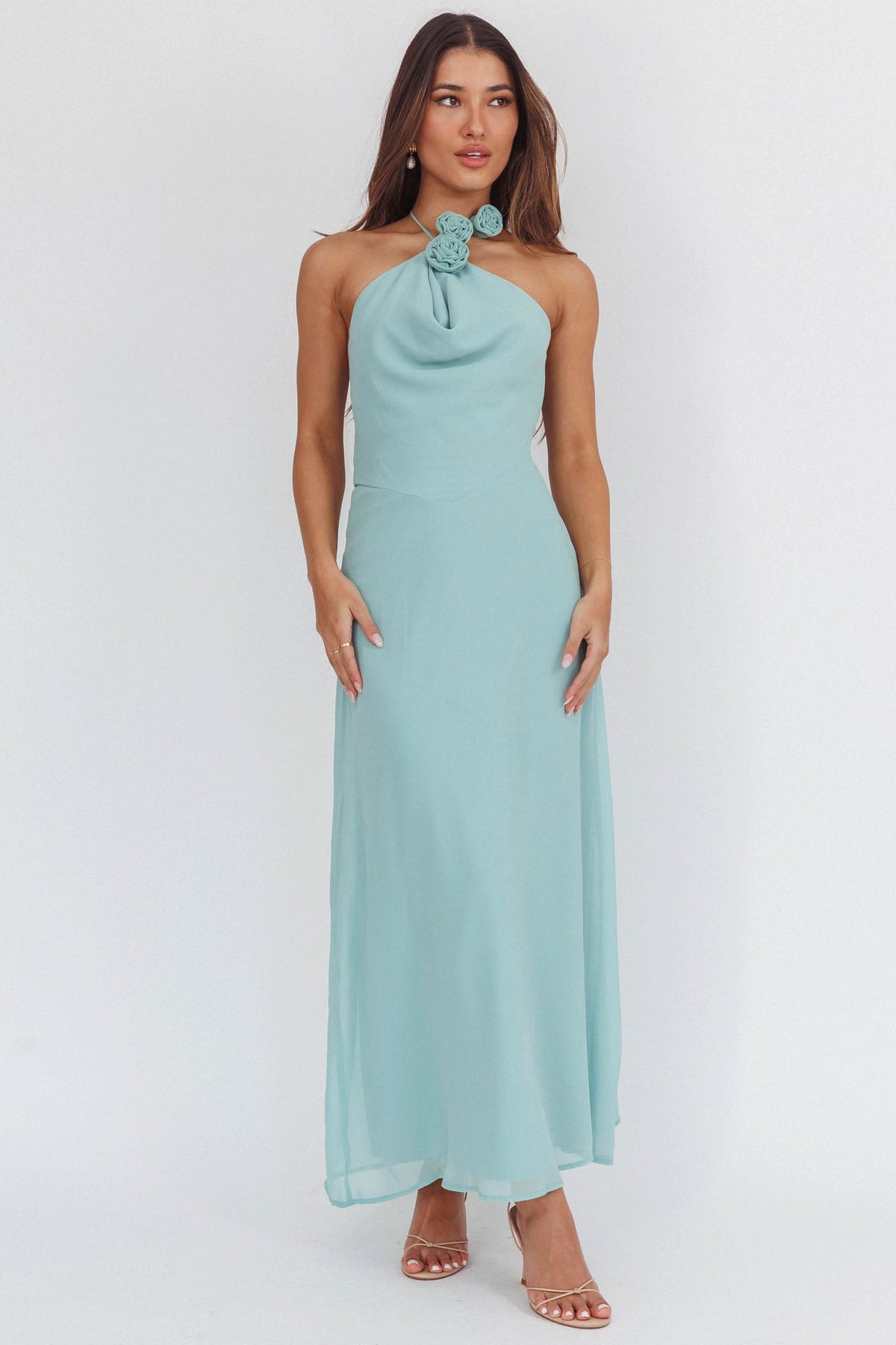 Petronilla Rosette Halterneck Maxi Dress Sage