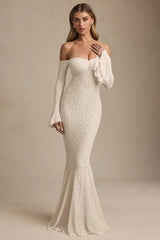 Off-Shoulder Ruffle Lace Maxi Dress in Ivory