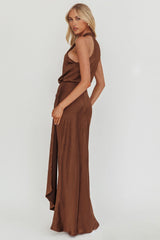 Linette Halterneck Draped Sash Maxi Dress Chocolate