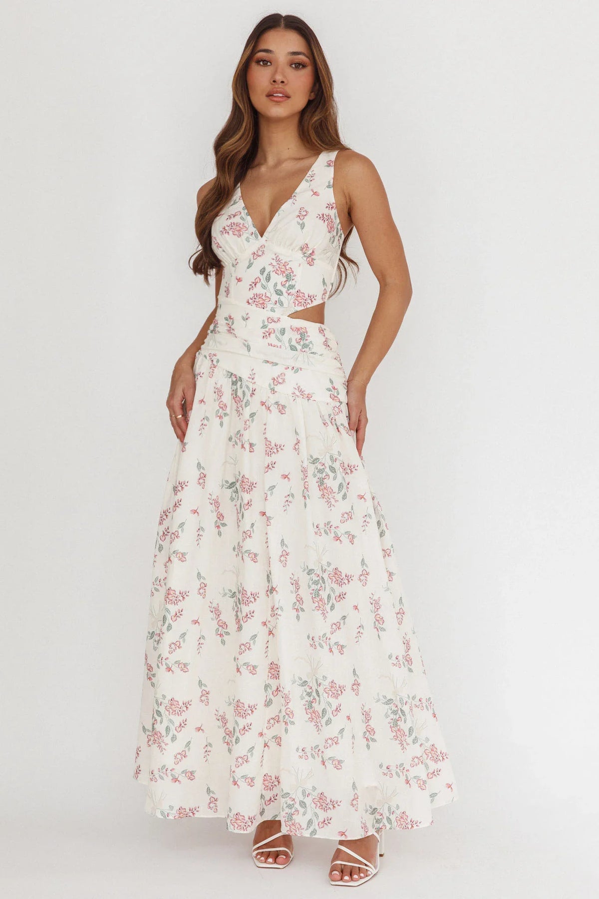 First Dates Waist Cut-Out Maxi Dress Floral Cream/Pink