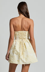 Laure Mini Dress - Strapless Jacquard Dress in Lemon