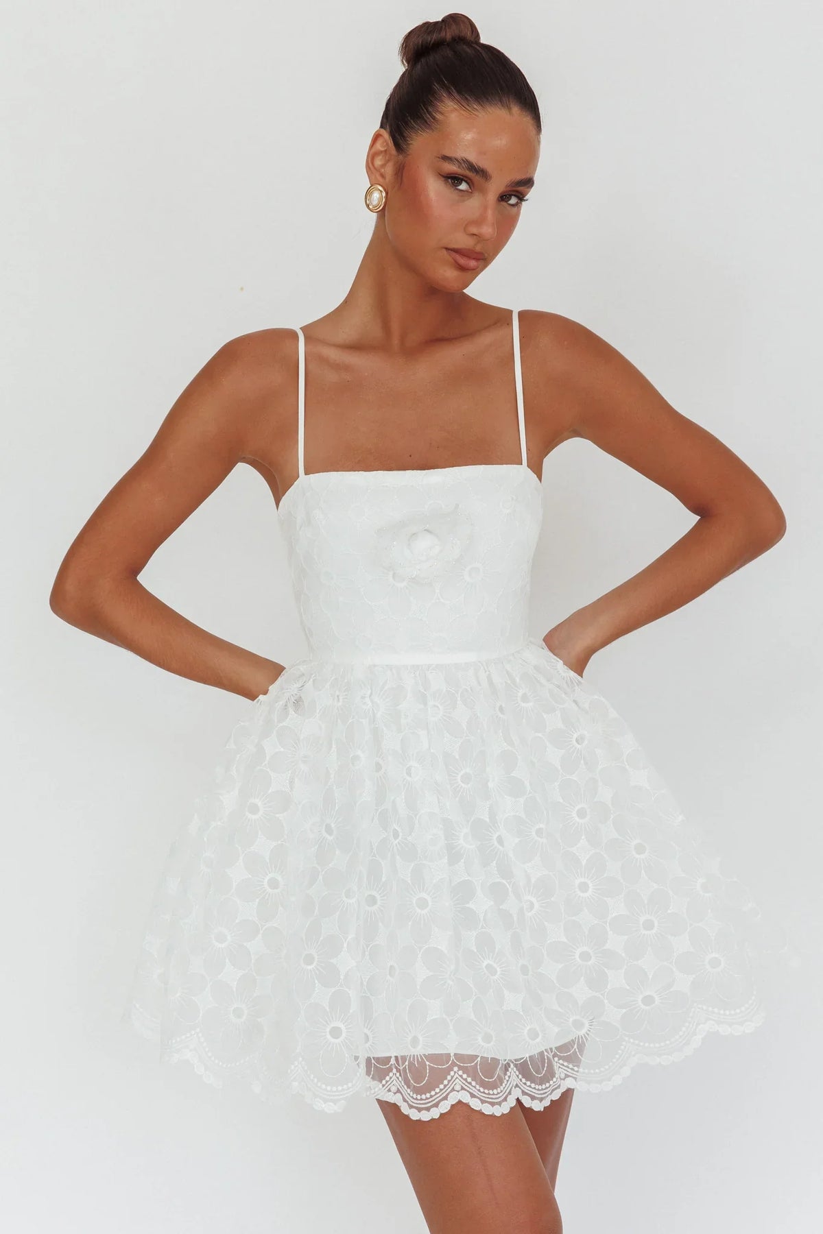 Bahia A-Line Square Neckline Mini Dress Lace White