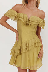 Sinclair Off-Shoulder Ruffle Trim Mini Dress Khaki
