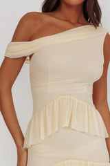 Anaisa Asymmetric Neckline Frill Maxi Dress Cream