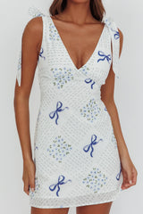 Mykonos Morning Tied Shoulder Mini Dress Bows Blue