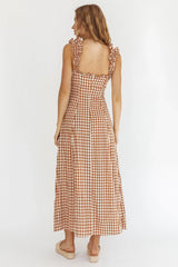 Warrior Sun Frill Strap Maxi Dress Tan Check