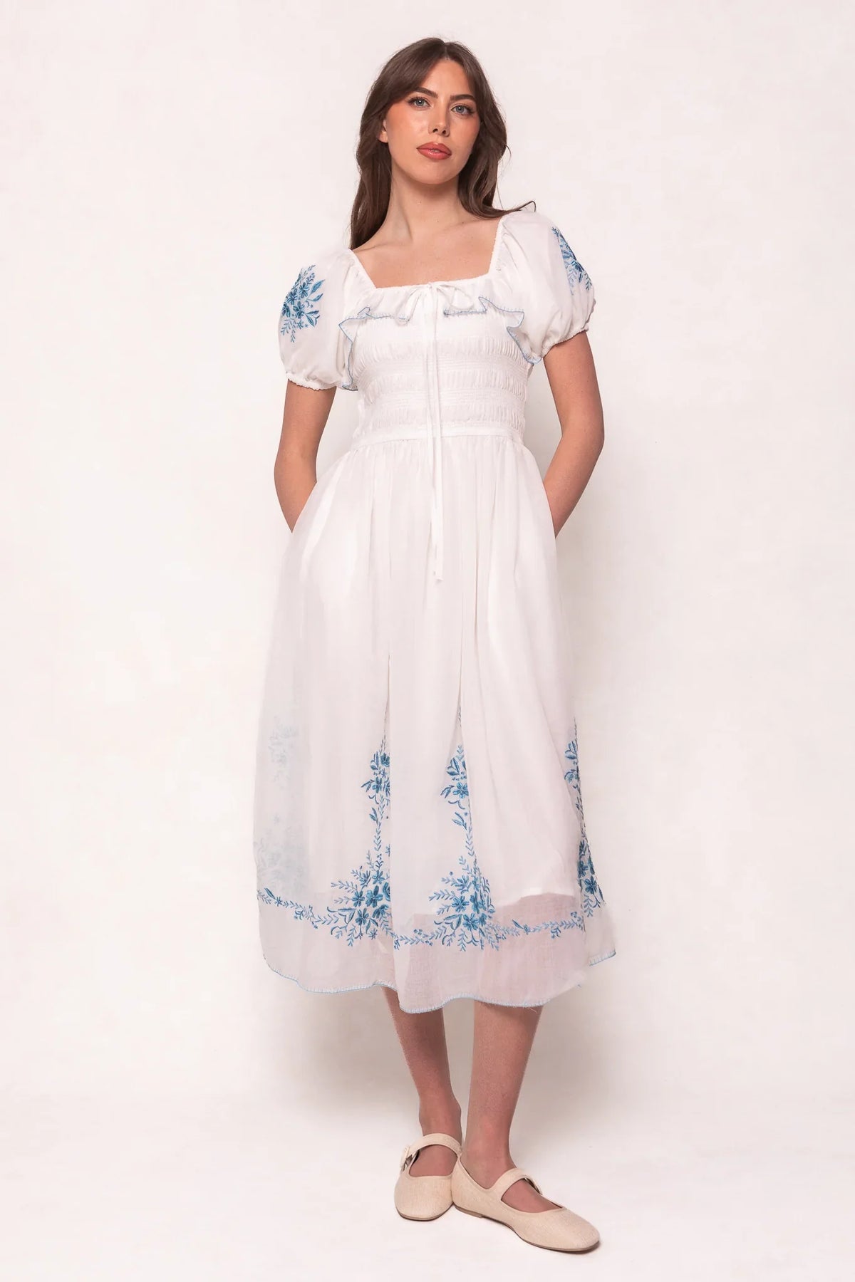 Mae Dress in White with Blue Floral