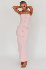 She Is Button Front Strapless Maxi Dress Pink