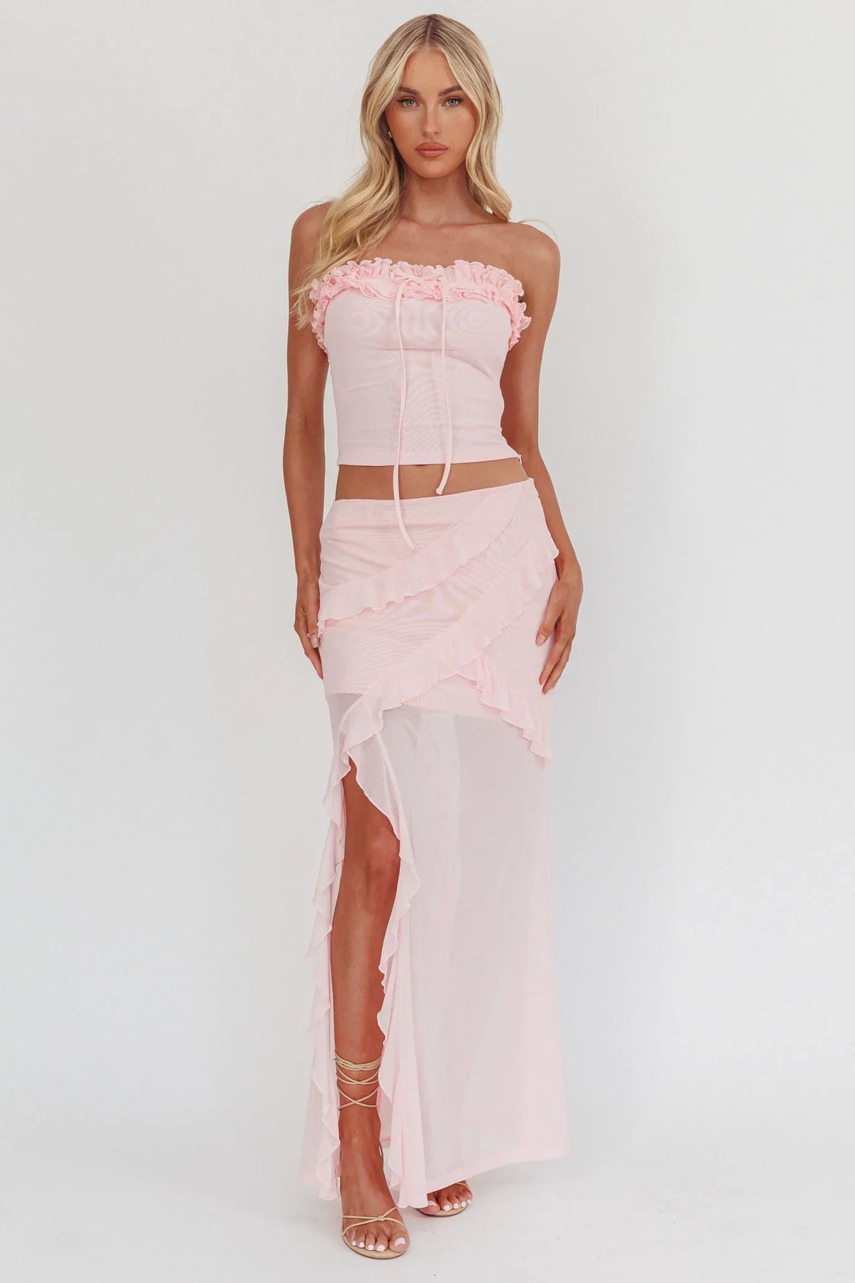 Frosted Sugar Ruffle Trim Split Midi Skirt Pink