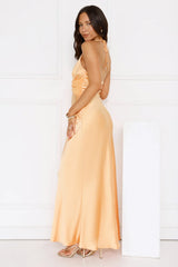 Spiced Sunset Satin Halter Maxi Dress