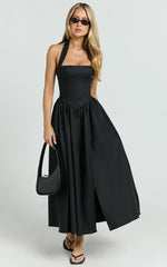 Helda Midi Dress Halter Tie Neck Corset Panel Dress in Black